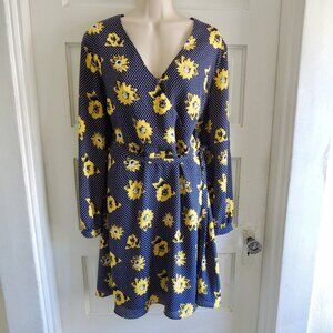 Banana Republic Blue & White Polka Dot Sunflowers Faux Wrap Dress 16